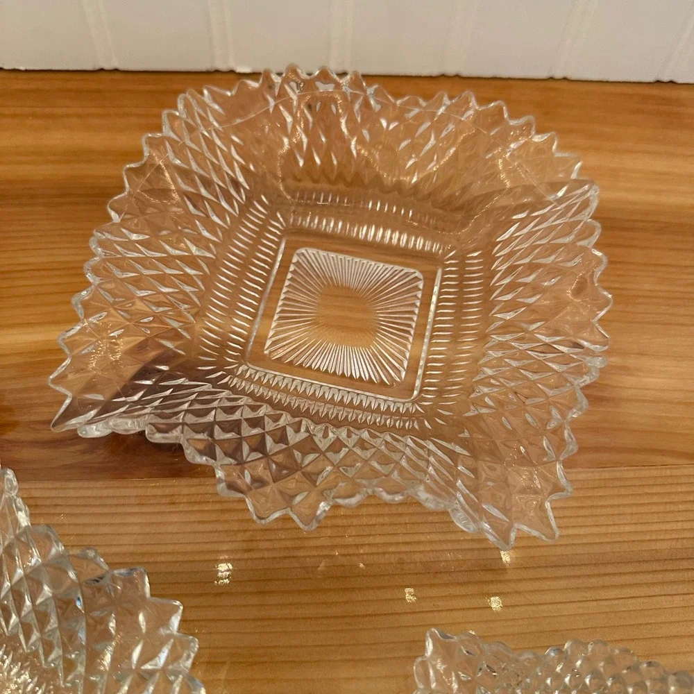 Vintage Indiana Glass Diamond Point Nut-Candy Dish 6pc Exc Sunburst 1 Tip Chip